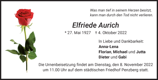 Todesanzeige von Elfriede Aurich von Das Gelbe Blatt Penzberg