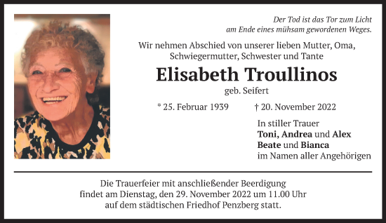 Todesanzeige von Elisabeth Troullinos von Das Gelbe Blatt Penzberg