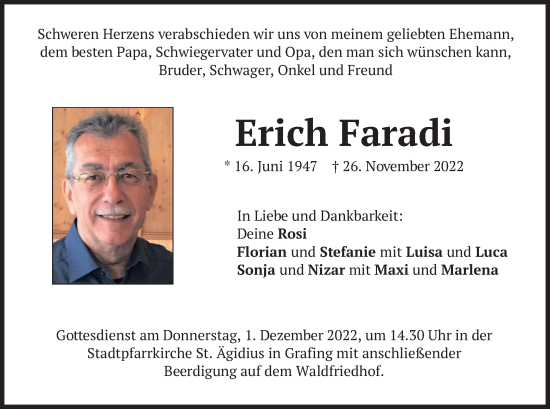 Todesanzeige von Erich Faradi von merkurtz