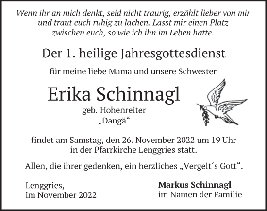 Todesanzeige von Erika Schinnagl von merkurtz