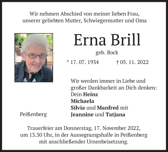 Todesanzeige von Erna Brill von merkurtz