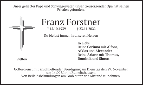 Todesanzeige von Franz Forstner von merkurtz