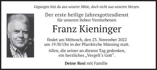 Todesanzeige von Franz Kieninger von merkurtz