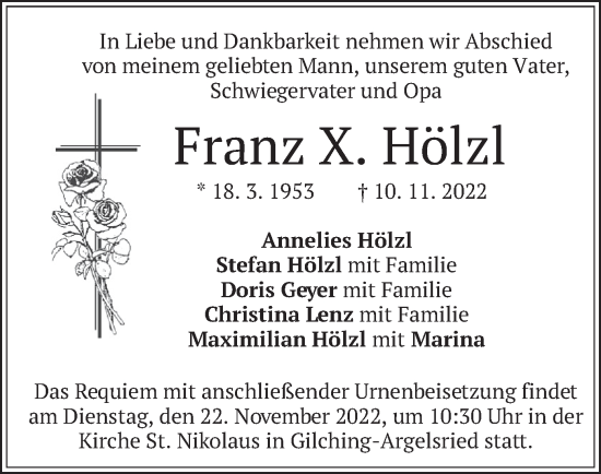 Todesanzeige von Franz X. Hölzl von merkurtz