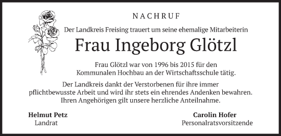 Todesanzeige von Ingeborg Glötzl von merkurtz