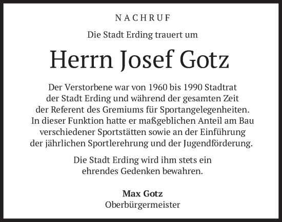 Todesanzeige von Josef Gotz von merkurtz