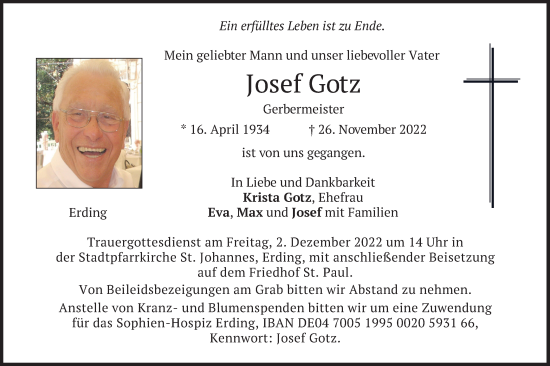 Todesanzeige von Josef Gotz von merkurtz
