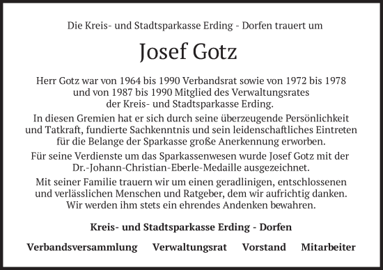 Todesanzeige von Josef Gotz von merkurtz