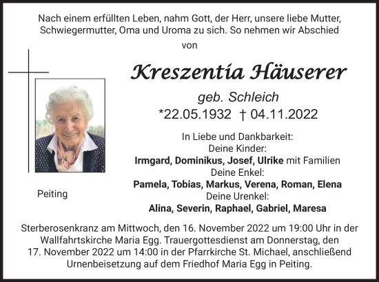 Todesanzeige von Kreszentia Häuserer von merkurtz