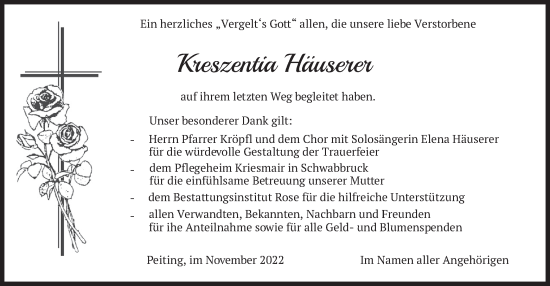 Todesanzeige von Kreszentia Häuserer von merkurtz