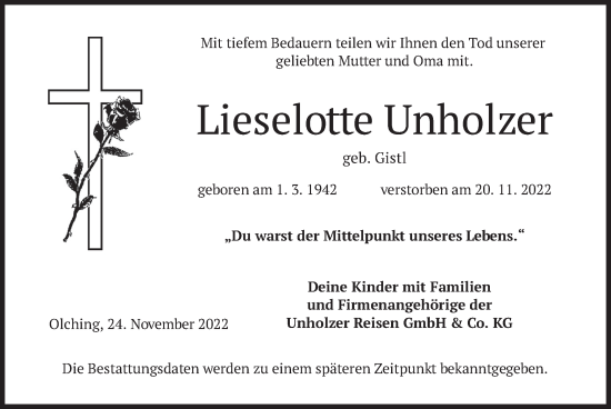Todesanzeige von Lieselotte Unholzer von merkurtz