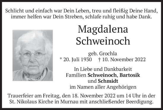 Todesanzeige von Magdalena Schweinoch von merkurtz