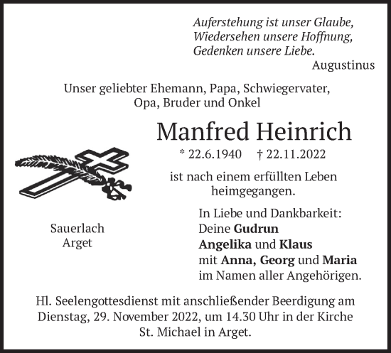 Todesanzeige von Manfred Heinrich von merkurtz