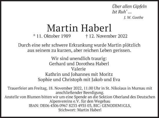 Todesanzeige von Martin Haberl von merkurtz