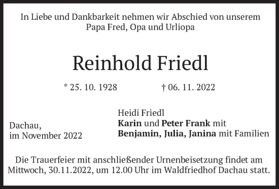Todesanzeige von Reinhold Friedl von merkurtz