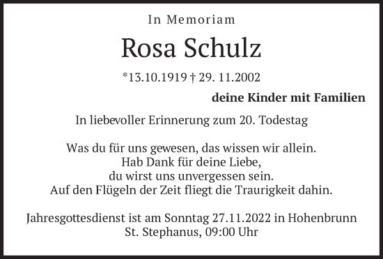 Todesanzeige von Rosa Schulz von merkurtz