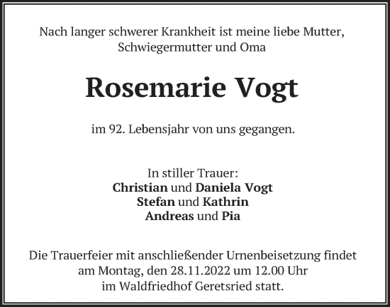 Todesanzeige von Rosemarie Vogt von merkurtz