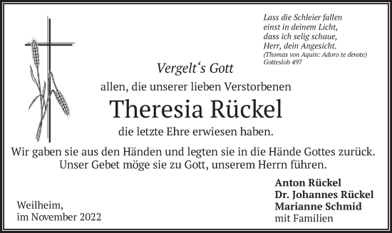 Todesanzeige von Theresia Rückel von merkurtz