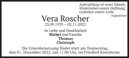 Todesanzeige von Vera Roscher von merkurtz