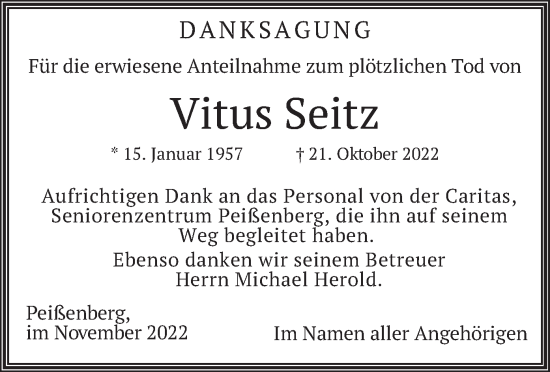 Todesanzeige von Vitus Seitz von merkurtz
