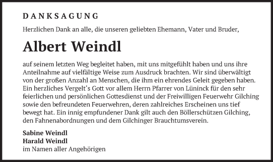 Todesanzeige von Albert Weindl von merkurtz