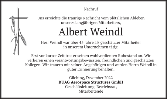 Todesanzeige von Albert Weindl von merkurtz