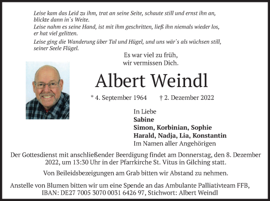 Todesanzeige von Albert Weindl von merkurtz