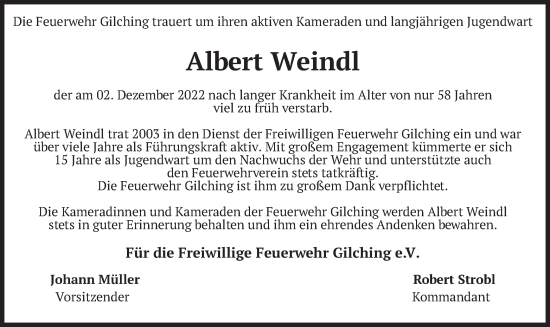 Todesanzeige von Albert Weindl von merkurtz