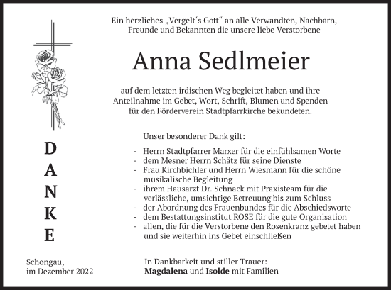 Todesanzeige von Anna Sedlmeier von merkurtz