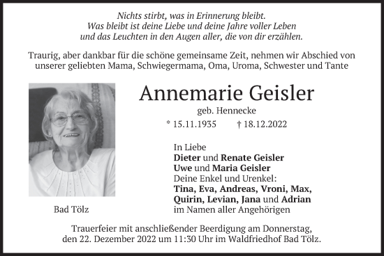Todesanzeige von Annemarie Geisler von merkurtz