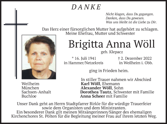 Todesanzeige von Brigitta Anna Wöll von merkurtz