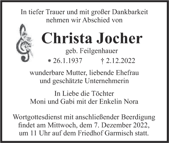 Todesanzeige von Christa Jocher von merkurtz
