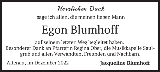 Todesanzeige von Egon Blumhoff von merkurtz