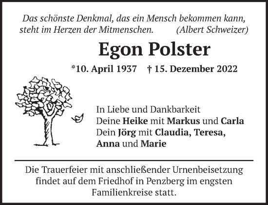 Todesanzeige von Egon Polster von Das Gelbe Blatt Penzberg