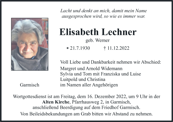 Todesanzeige von Elisabeth Lechner von merkurtz