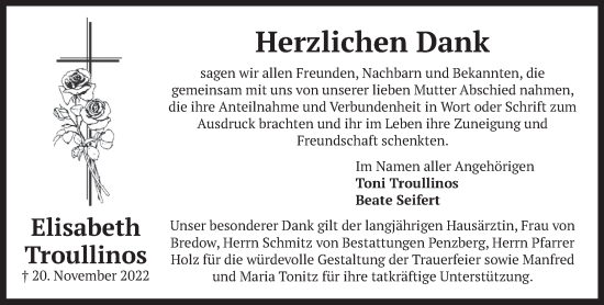 Todesanzeige von Elisabeth Troullinos von Das Gelbe Blatt Penzberg