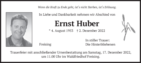 Todesanzeige von Ernst Huber von merkurtz