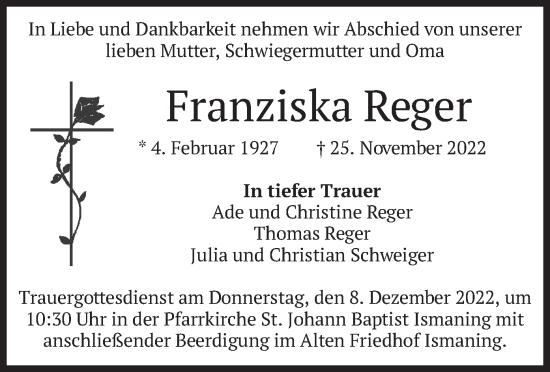 Todesanzeige von Franziska Reger von merkurtz
