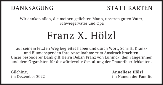 Todesanzeige von Franz X. Hölzl von merkurtz