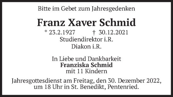 Todesanzeige von Franz Xaver Schmid von merkurtz