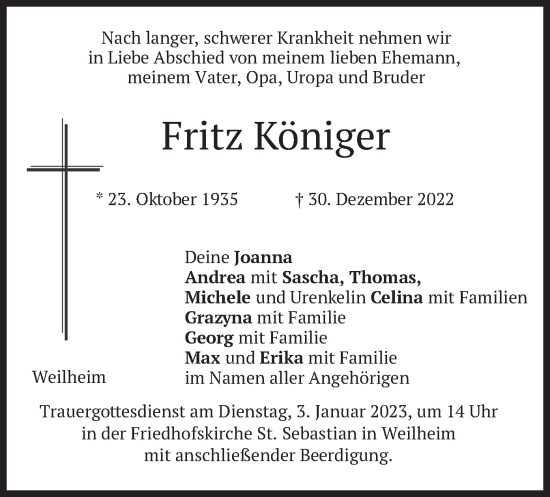 Todesanzeige von Fritz Königer von merkurtz