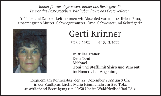 Todesanzeige von Gerti Krinner von merkurtz