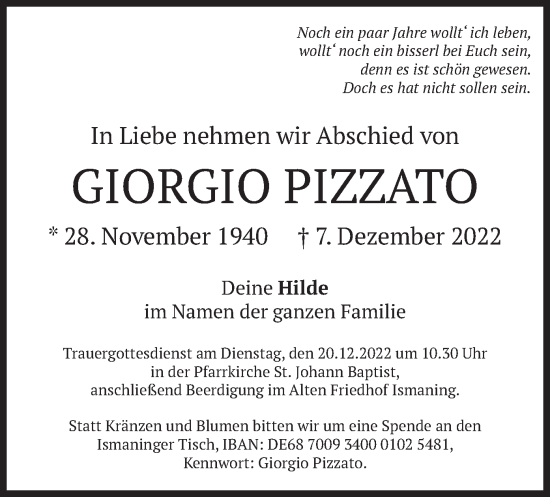 Todesanzeige von Giorgio Pizzato von merkurtz