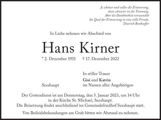 Todesanzeige von Hans Kirner von merkurtz