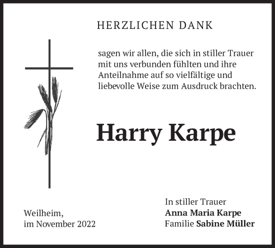 Todesanzeige von Harry Karpe von merkurtz