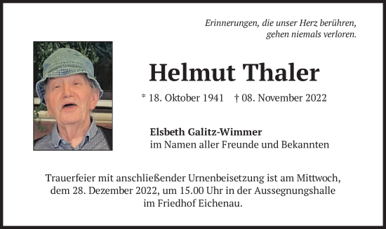 Todesanzeige von Helmut Thaler von merkurtz