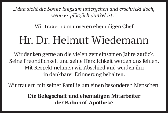 Todesanzeige von Helmut Wiedemann von merkurtz