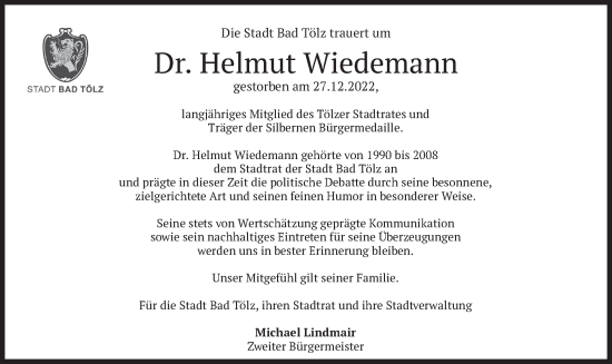 Todesanzeige von Helmut Wiedemann von merkurtz