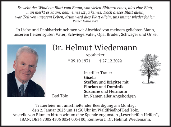 Todesanzeige von Helmut Wiedemann von merkurtz
