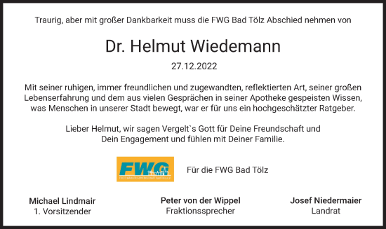 Todesanzeige von Helmut Wiedemann von merkurtz